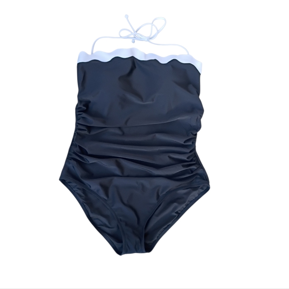 J. Crew 1-Piece Ruched Black Swimsuit with White ScallopTrim sz XL NEW